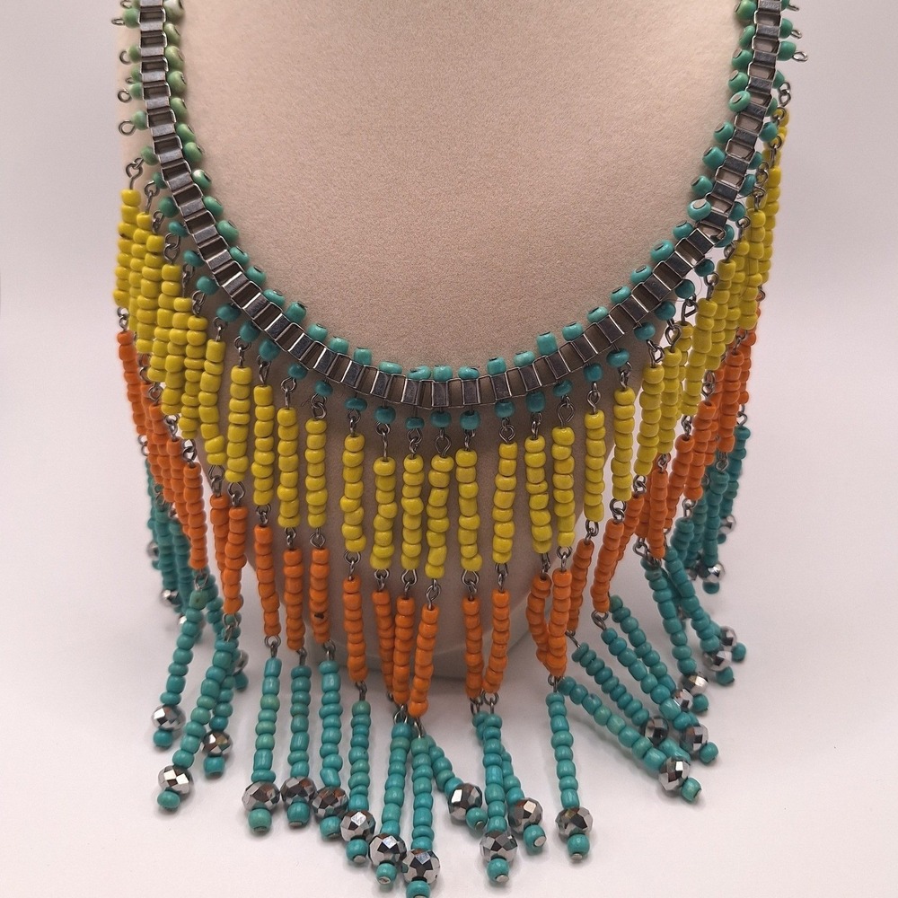 Southwestern beaded bib necklace fringe blue yellow orange Tribal Bo Ho BOLD